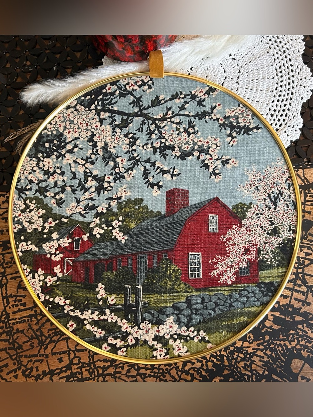 Vintage Framed Barn Linen Art | Spring Farmhouse Landscape, Cottagecore Decor
